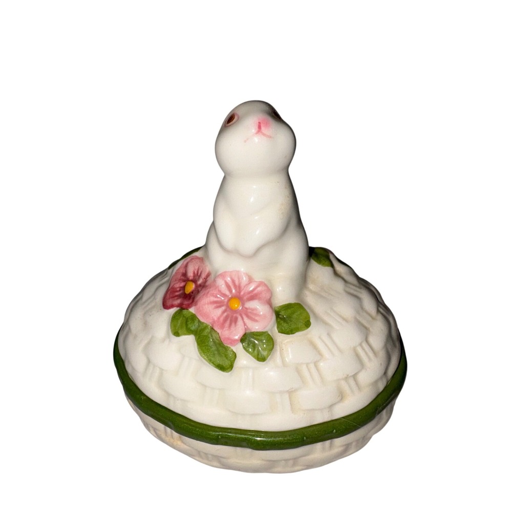 Vintage‎ 1982 Avon Bunny Rabbit Trinket Box Hand Painted Brazil Ceramic Floral
